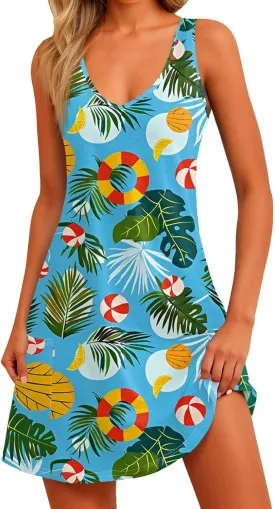Women's Summer Dresses Sleeveless Vacation Dress with Pocket Casual 2025 Sundress Beach Printed Swimsuit Coverup