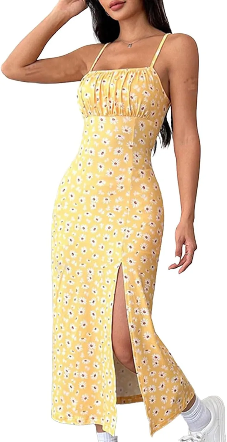 Women's Summer Fashion Floral Dress Sexy Split Thigh Spaghetti Strap Midi Dress Square Neck Boho Vacation Sundress