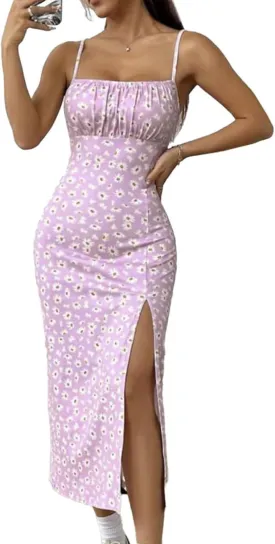Women's Summer Fashion Floral Dress Sexy Split Thigh Spaghetti Strap Midi Dress Square Neck Boho Vacation Sundress