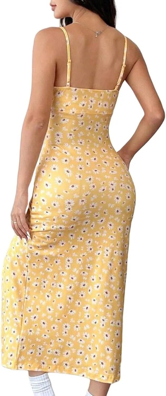 Women's Summer Fashion Floral Dress Sexy Split Thigh Spaghetti Strap Midi Dress Square Neck Boho Vacation Sundress