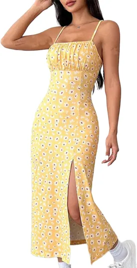 Women's Summer Fashion Floral Dress Sexy Split Thigh Spaghetti Strap Midi Dress Square Neck Boho Vacation Sundress