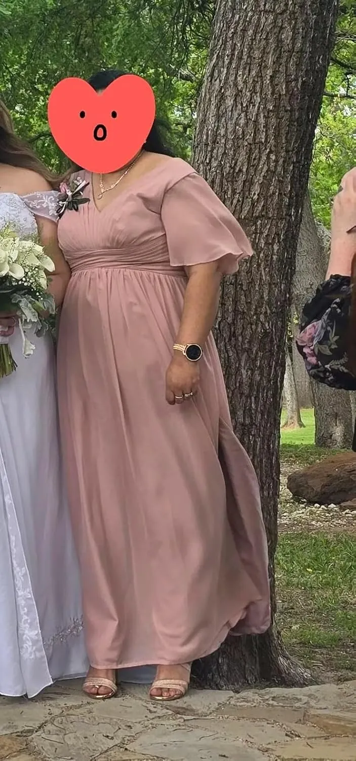 YOFF V-Neck Flutter Sleeve Bridesmaid Dress with Pockets A-Line Long Chiffon Formal Party Dresses with Slit YO003