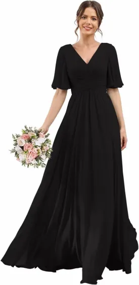 YOFF V-Neck Flutter Sleeve Bridesmaid Dress with Pockets A-Line Long Chiffon Formal Party Dresses with Slit YO003