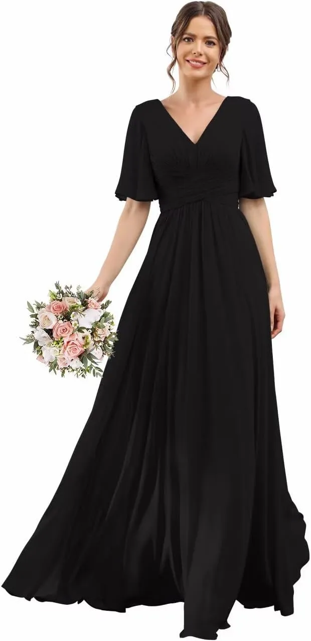 YOFF V-Neck Flutter Sleeve Bridesmaid Dress with Pockets A-Line Long Chiffon Formal Party Dresses with Slit YO003