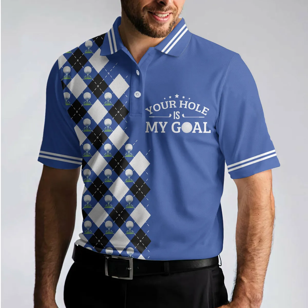 Your Hole Is My Goal Remastered Short Sleeve Golf Polo Shirt, Blue Argyle Pattern Polo Shirt, Best Golf Shirt For Men Coolspod