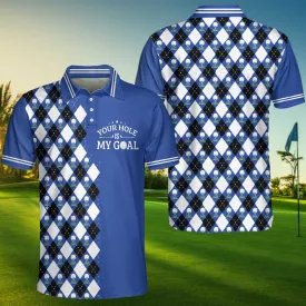 Your Hole Is My Goal Remastered Short Sleeve Golf Polo Shirt, Blue Argyle Pattern Polo Shirt, Best Golf Shirt For Men Coolspod