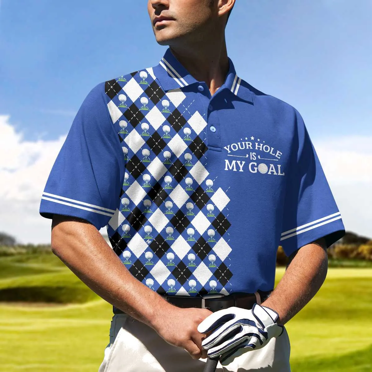 Your Hole Is My Goal Remastered Short Sleeve Golf Polo Shirt, Blue Argyle Pattern Polo Shirt, Best Golf Shirt For Men Coolspod
