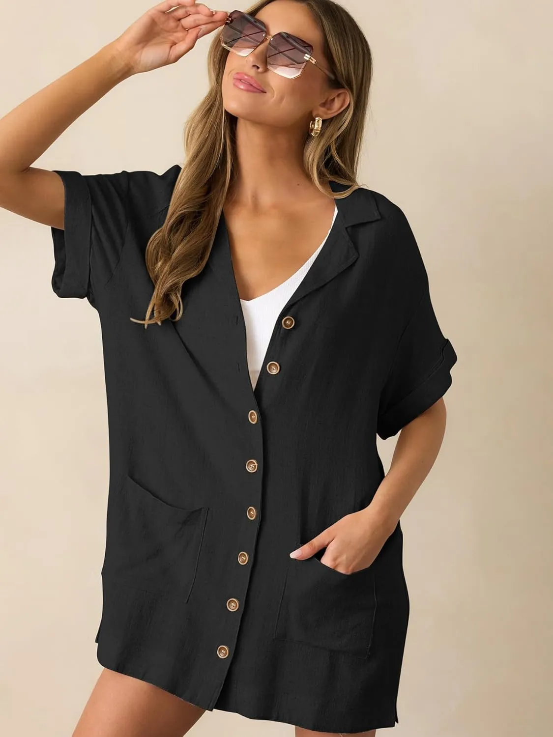 ZAFUL Women's 2025 Summer Button Down Dress Pockets Short Sleeves V-Neck Collar Vacation Beach Cotton T Shirt Dresses