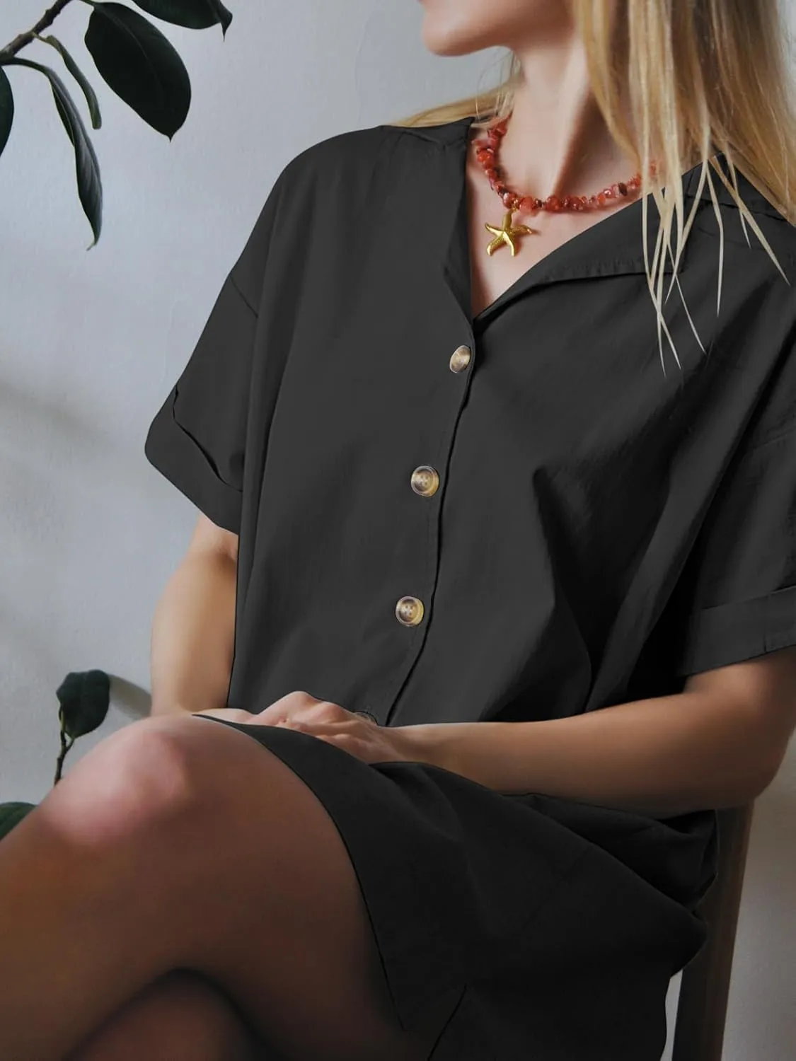 ZAFUL Women's 2025 Summer Button Down Dress Pockets Short Sleeves V-Neck Collar Vacation Beach Cotton T Shirt Dresses