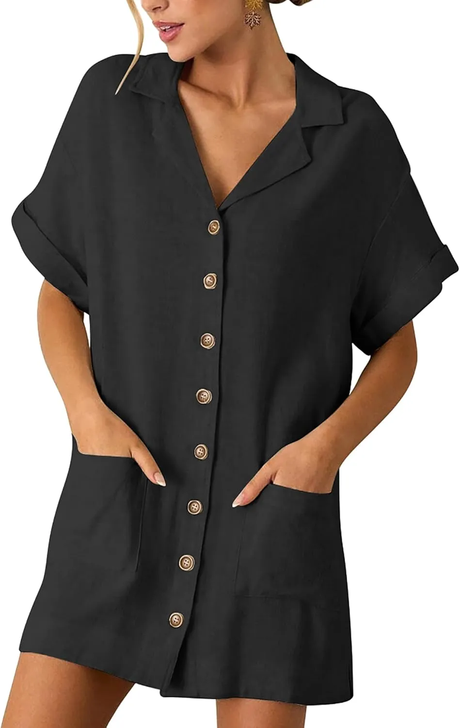 ZAFUL Women's 2025 Summer Button Down Dress Pockets Short Sleeves V-Neck Collar Vacation Beach Cotton T Shirt Dresses