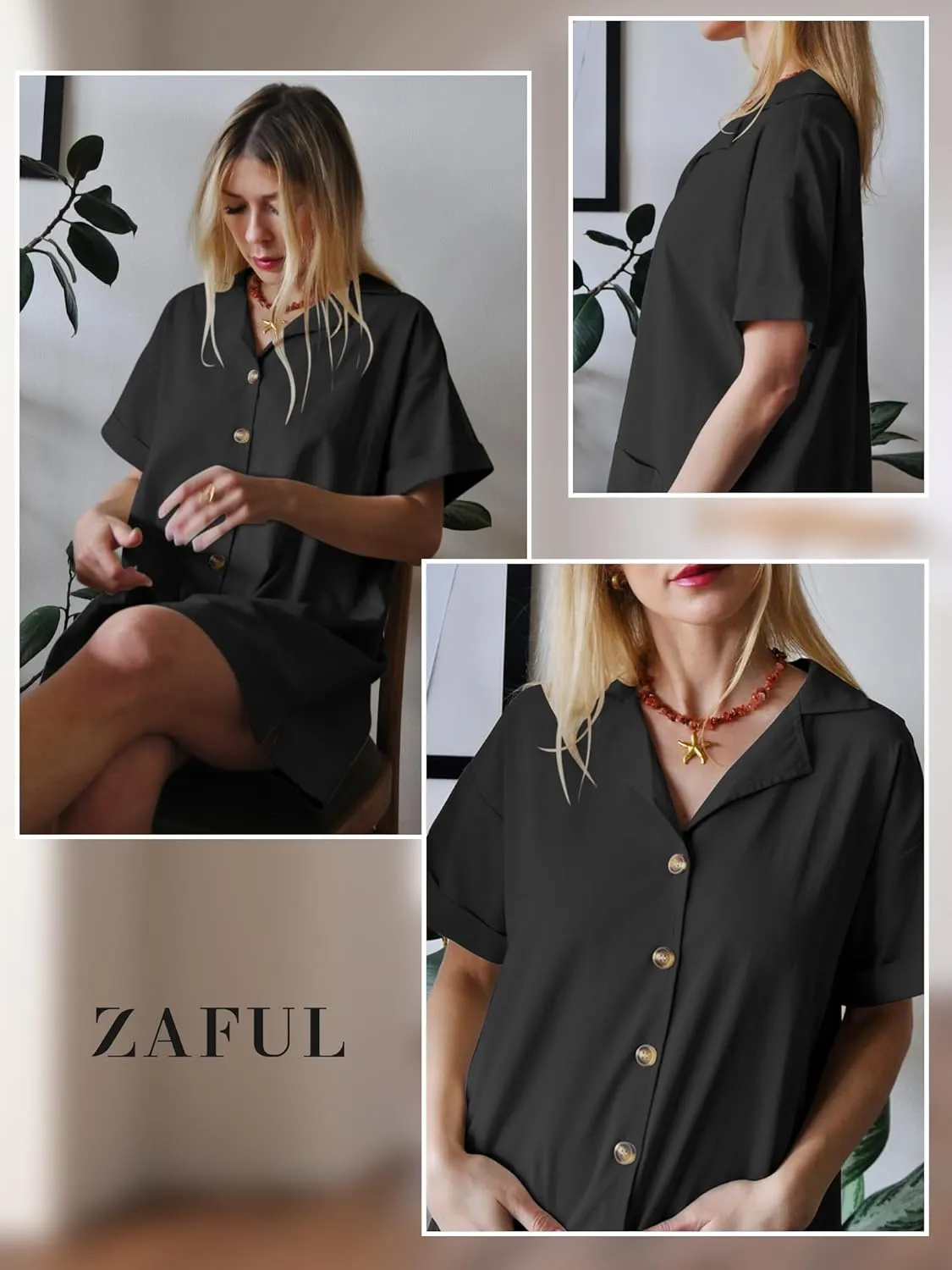 ZAFUL Women's 2025 Summer Button Down Dress Pockets Short Sleeves V-Neck Collar Vacation Beach Cotton T Shirt Dresses
